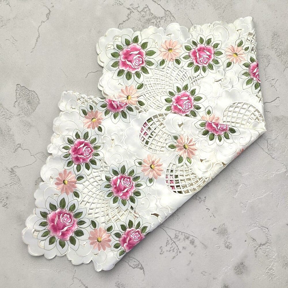 White & Pink Embroidered Cut Out Rose Floral Small Accent Tablecloth 33"x33"